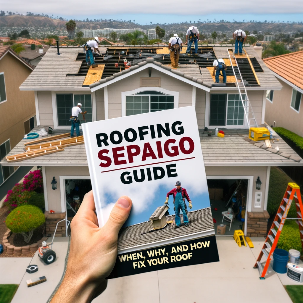 Hand holding a roofing guide with roofers working on a house in the background in San Diego.