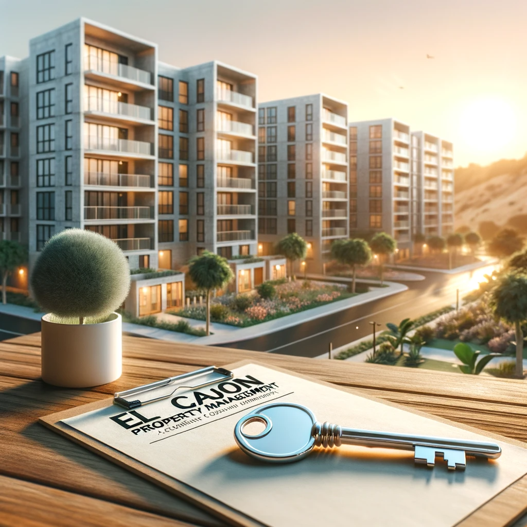 Modern apartment building in El Cajon, California, at sunset with a key on a table in the foreground and text overlay about El Cajon property management.