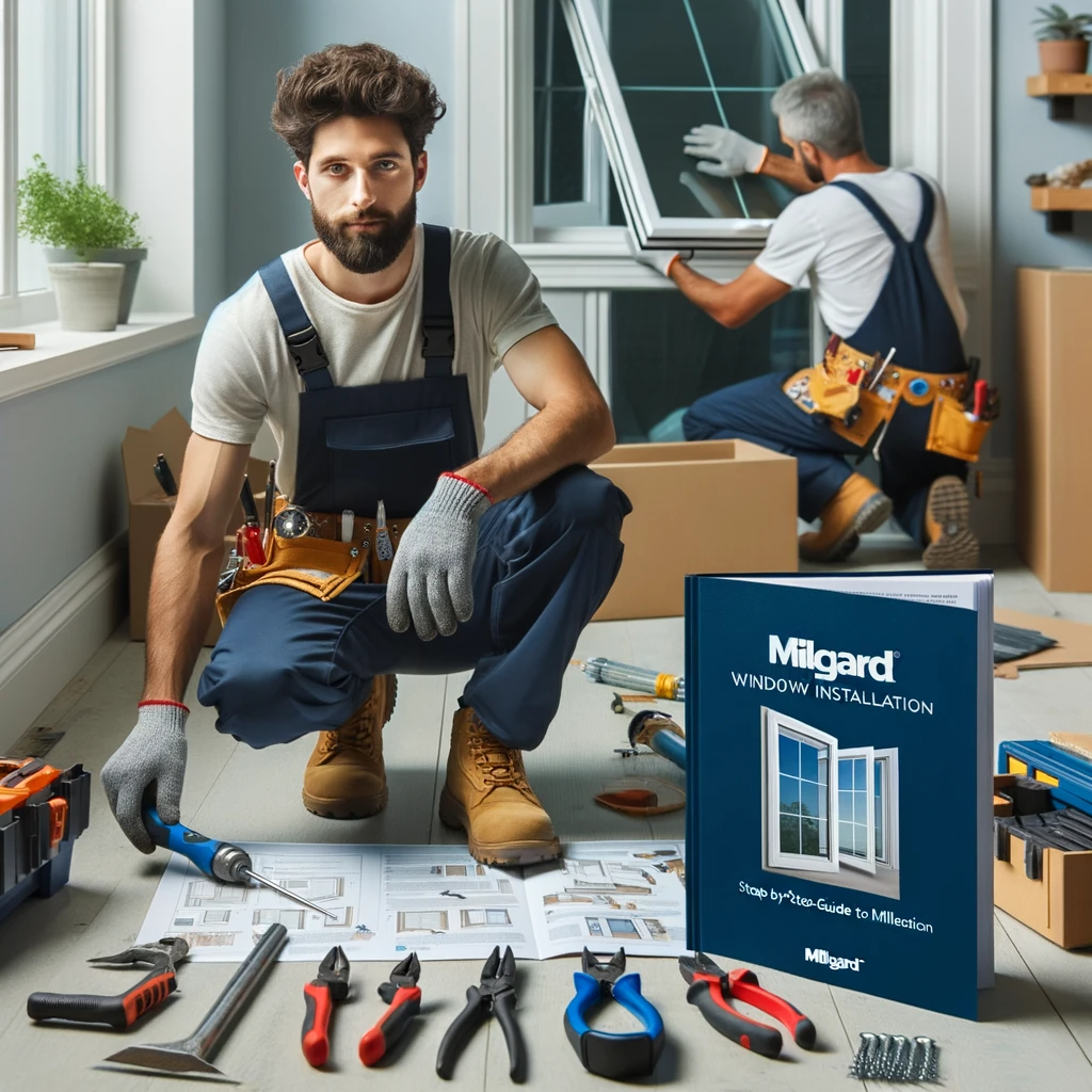 Professional installer fitting a Milgard window, with organized tools and an instructional manual in the foreground.