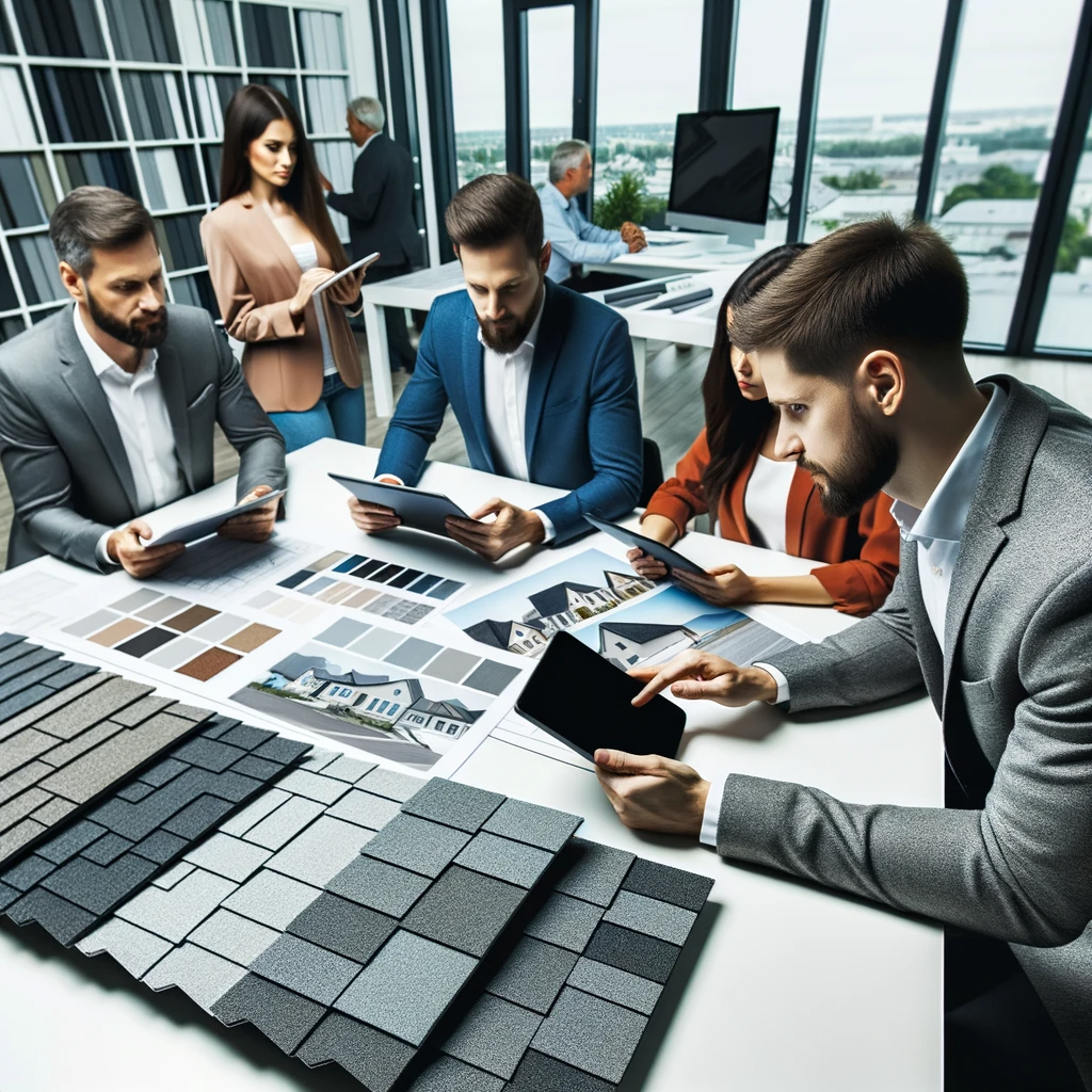 Modern roofing company office showcasing traditional roofing materials and a tech-driven approach to design and collaboration.