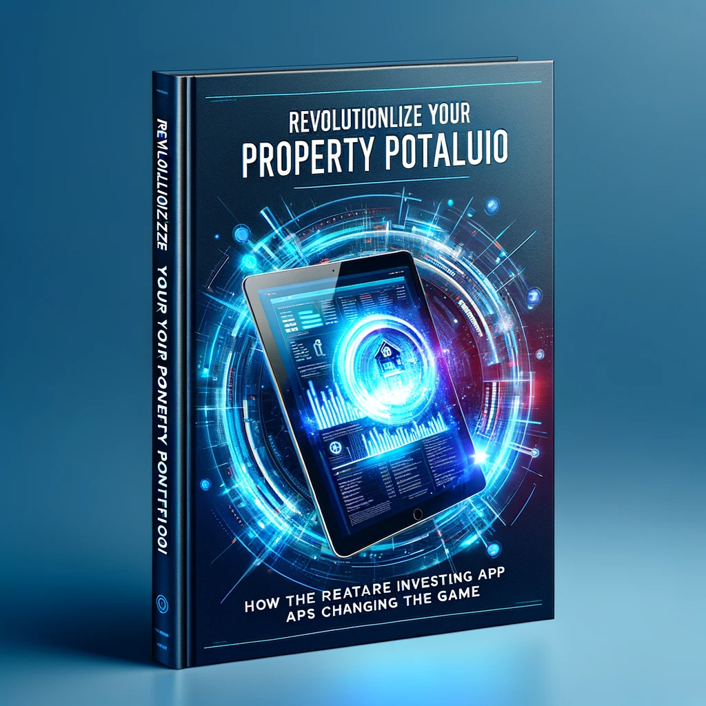 Book cover for "Revolutionize Your Property Portfolio: How the Real Estate Investing App is Changing the Game," showcasing a digital tablet with a real estate app interface, surrounded by digital graphics.