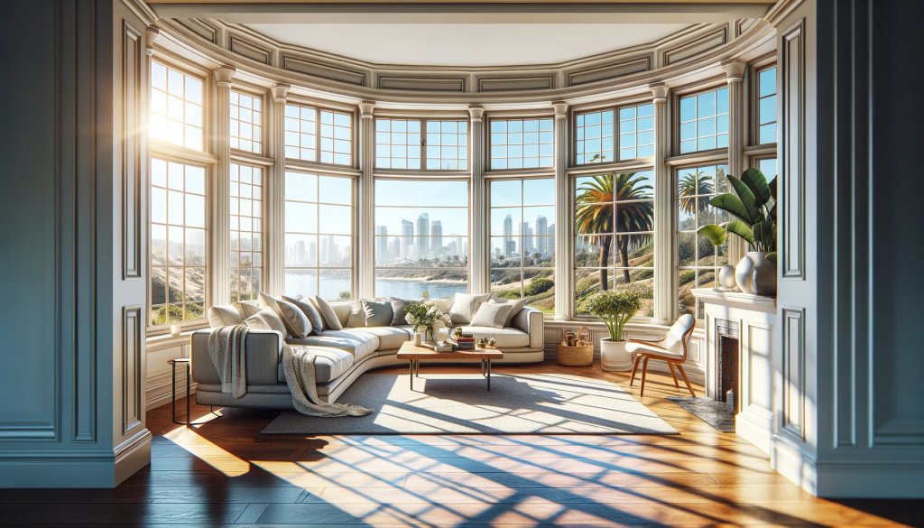 Interior view of a San Diego home with bay windows, highlighting comfort and efficiency through natural light and energy-efficient design.