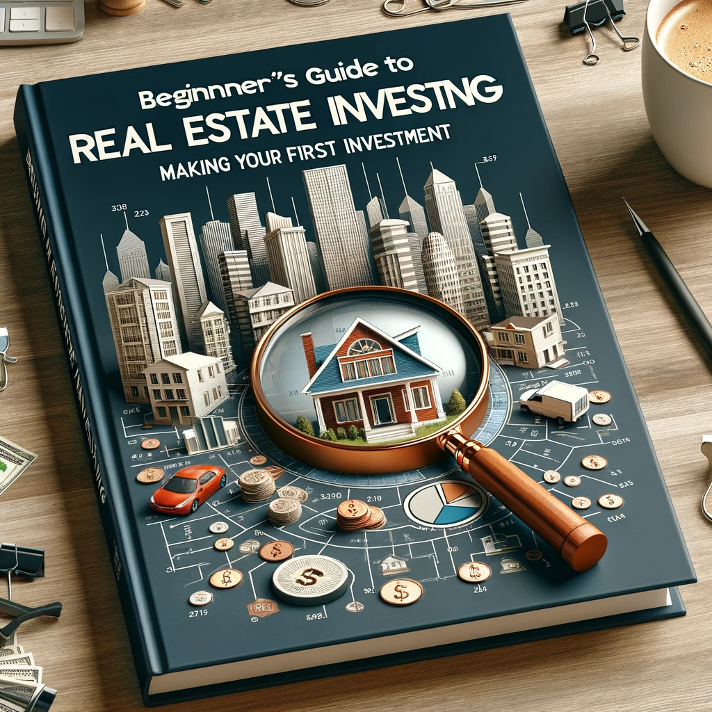 Book cover featuring real estate elements and a magnifying glass over a model house, titled 'Beginner's Guide to Real Estate Investing: Making Your First Investment'.