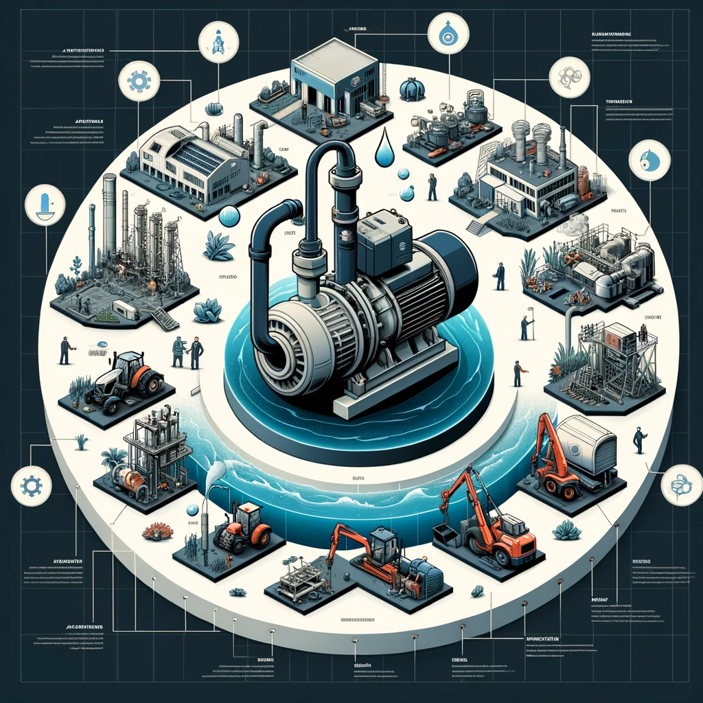 Infographic illustrating the use of Homa TP Series pumps in agriculture, manufacturing, and water treatment industries.