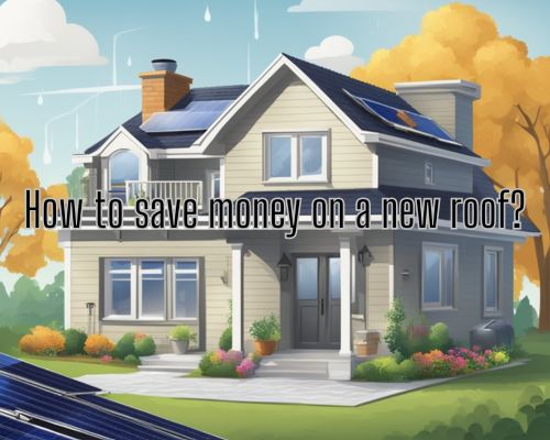 A house with a newly installed roof, surrounded by solar panels and rain barrels, with a sign displaying Energy Efficient Roofing and Save Money slogans