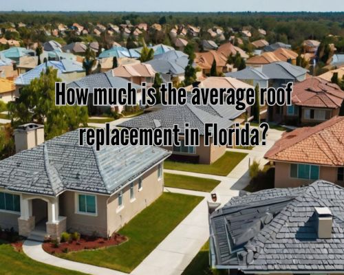A sunny Florida neighborhood with a variety of homes, including one with a roof being replaced by workers and a truck full of roofing materials nearby