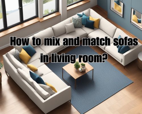 A spacious living room with two different sofas arranged in an L-shape, with coordinating throw pillows and a complementary area rug