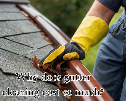 Hand removing dirt from roof gutter.